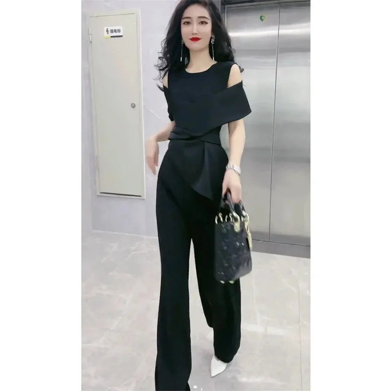 2024 Summer New High-end Fashion Temperament Ladies Jumpsuit Women Slim Slim High Waist Wide Leg Jumpsuit