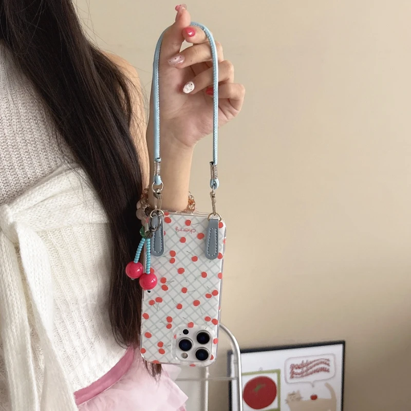 Blaue Streifen-Karo-Muster-Handyhülle für iPhone 17, 16, 15, 14, 13, Pro Max, niedliche, süße Luxus-Cartoon-Abdeckung mit Kirschanhänger