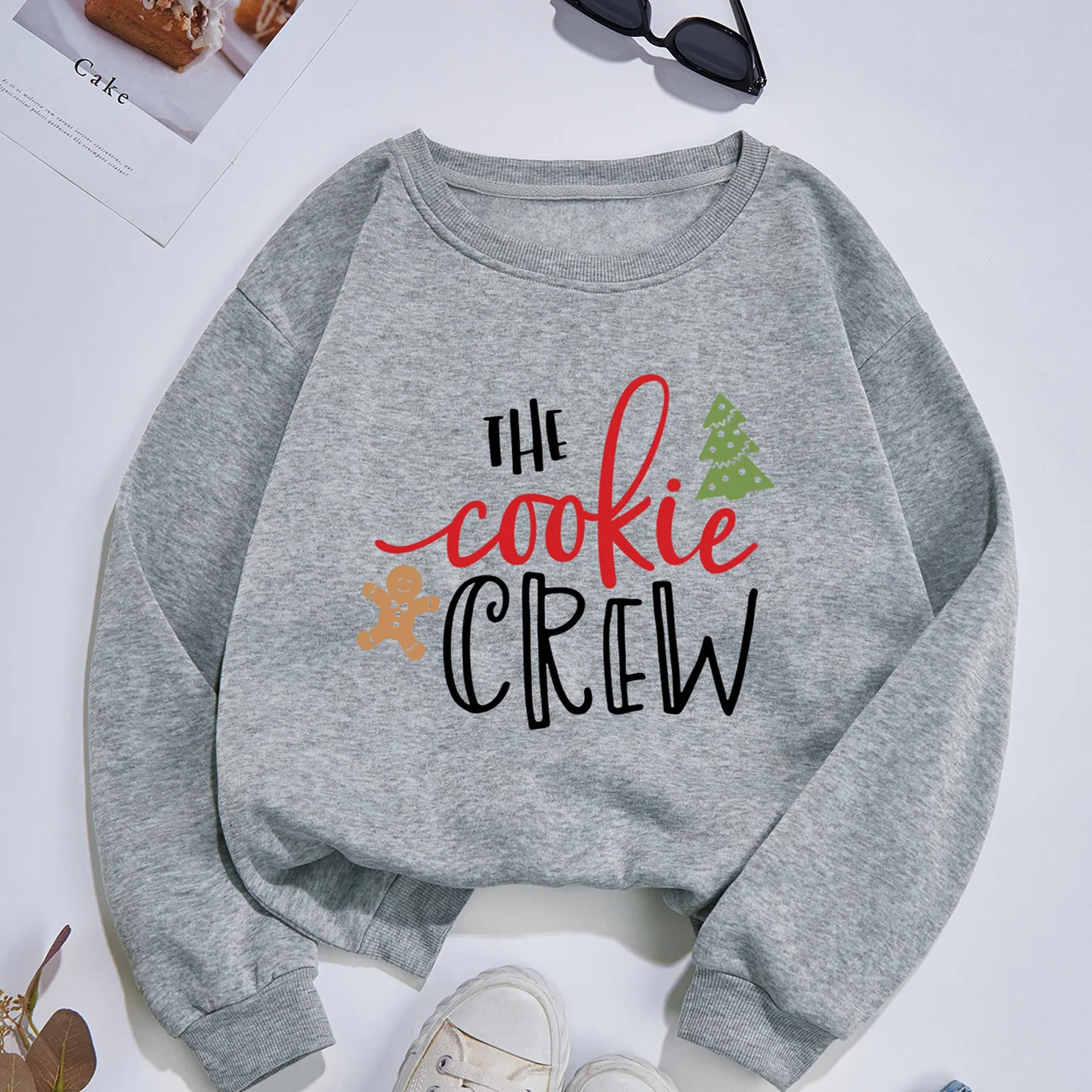 Cookie Baking Crew Festive Christmas Tree Print Women's Fashionable Long-Sleeve Top Merry Christmas Soft Comfortable Fabric