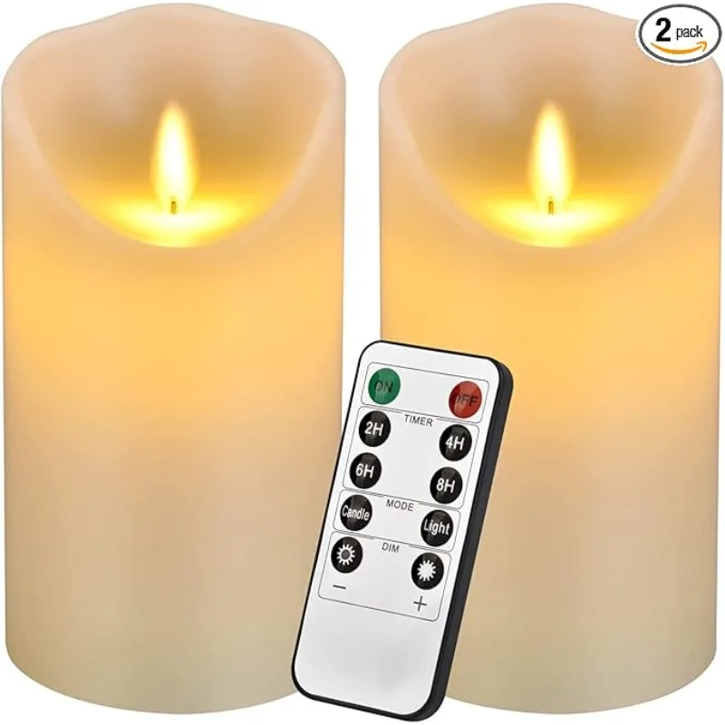 

2PACK Flameless Candles 6" Ivory Dripless Real Wax Pillars Include Realistic Dancing LED Flames,Remote Control,3 AAA Batteries