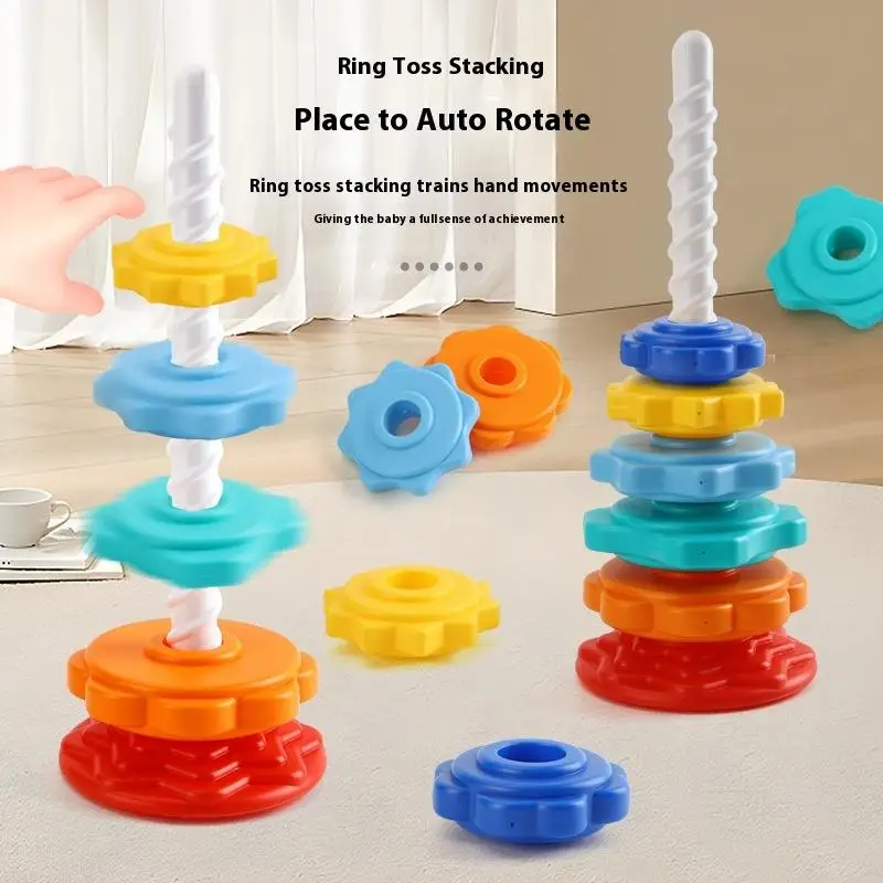 New【1Set Montessori Rotating Rainbow Tower Baby Stacking Toys Children Develop Motor Skills Game Spinning Stacking Toy Gifts】