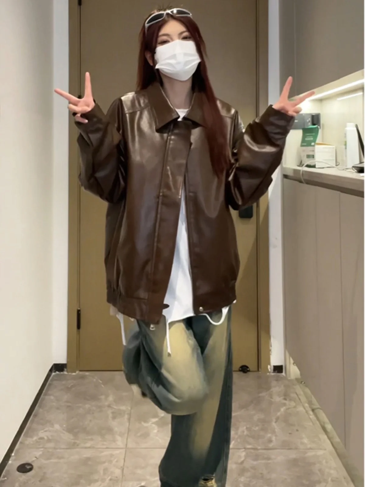 

Street Sle Motorcycle Edition PU Leather Jaet Women's Spring Autumn MA American Pilot Baseball Coat Flip Collar Zipper