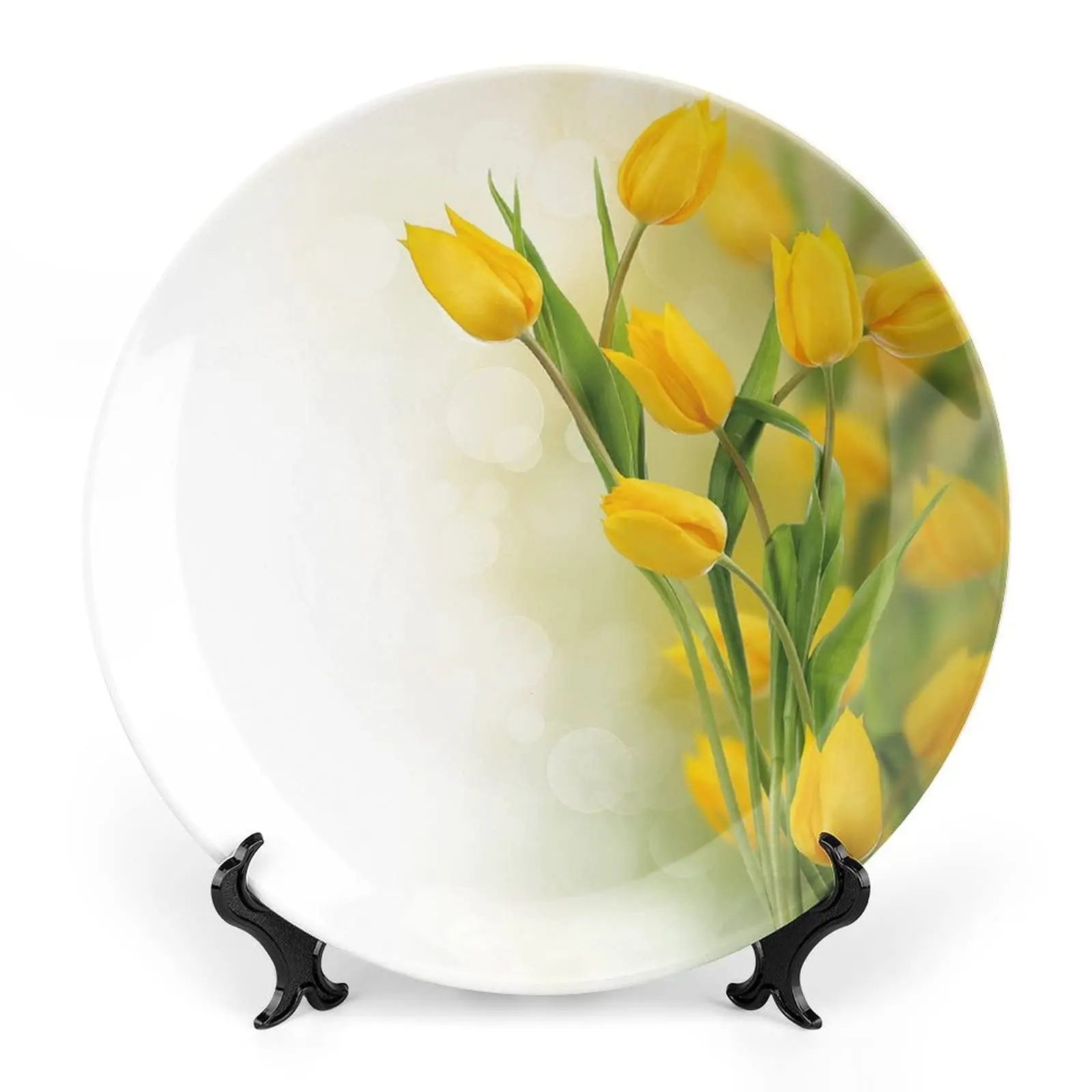 Decorative Plate, Yellow Flower Ceramic Stoneware, Romantic Tulip Bouquet Netherlands Botanical Print Ceramic Wall Hanging Decor