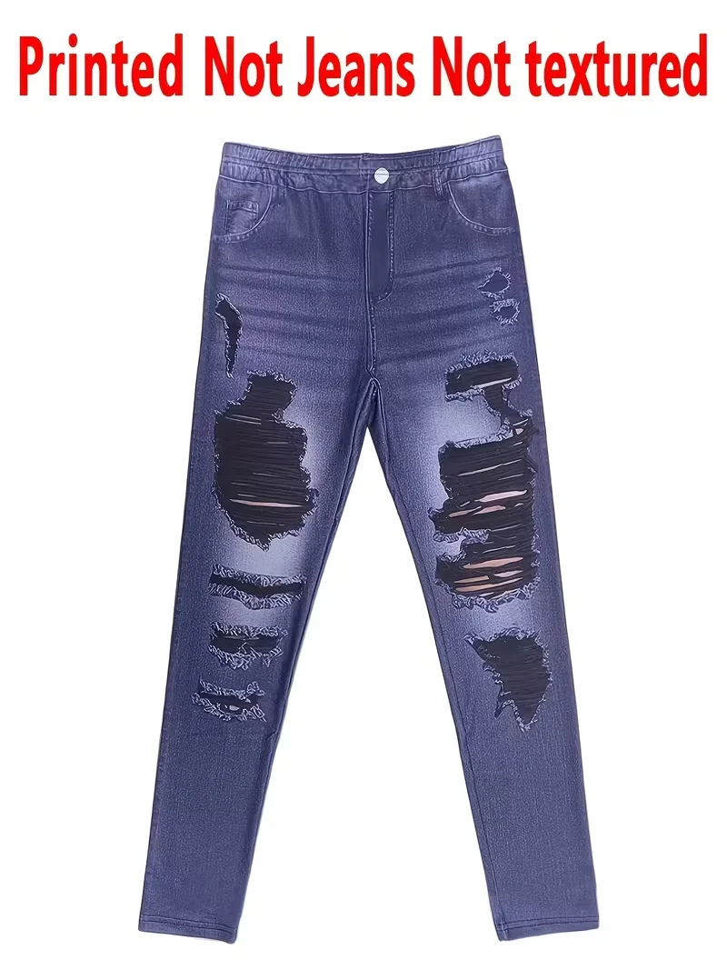 Bedruckte Leggings für Damen, kein Denim-Stoff, Hosen mit aufgesetzter Tasche und Knopfdruck-Design, hochelastisch, modisch, schmal geschnitten, lässig. – Detail 5