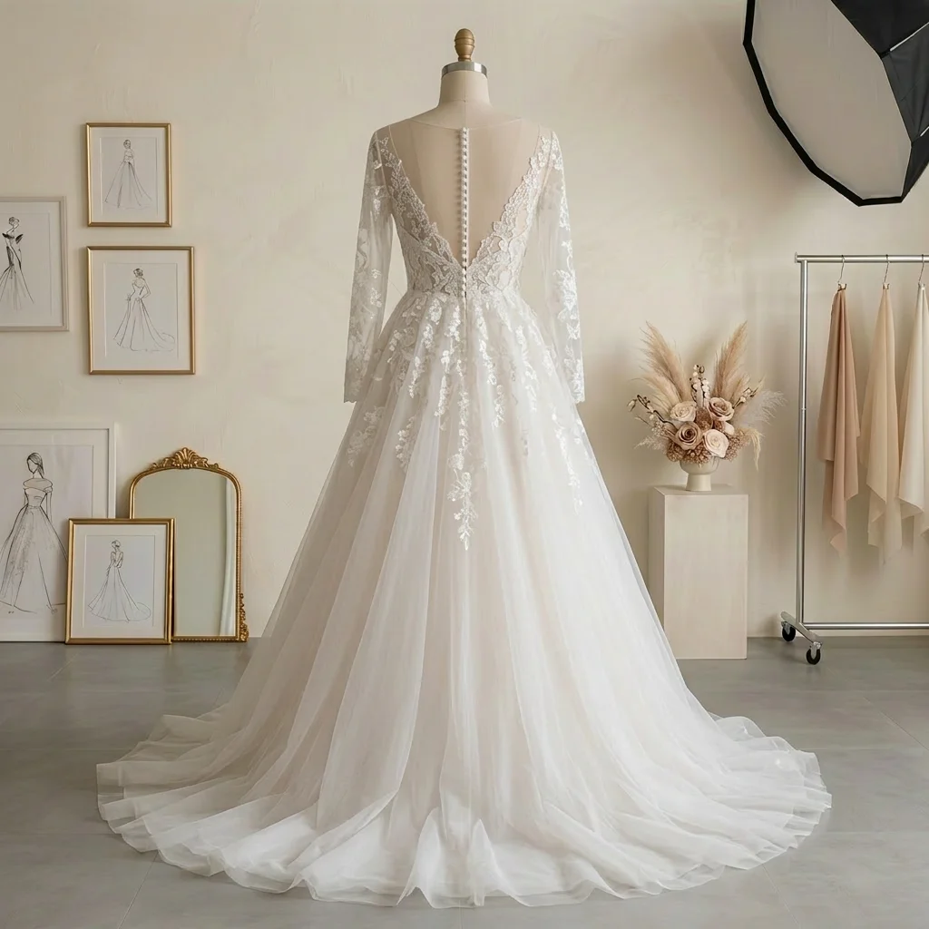 Long Sleeve Lace A Line Wedding Dress with Illusion V Neck & Sheer Button Back Bridal Gown