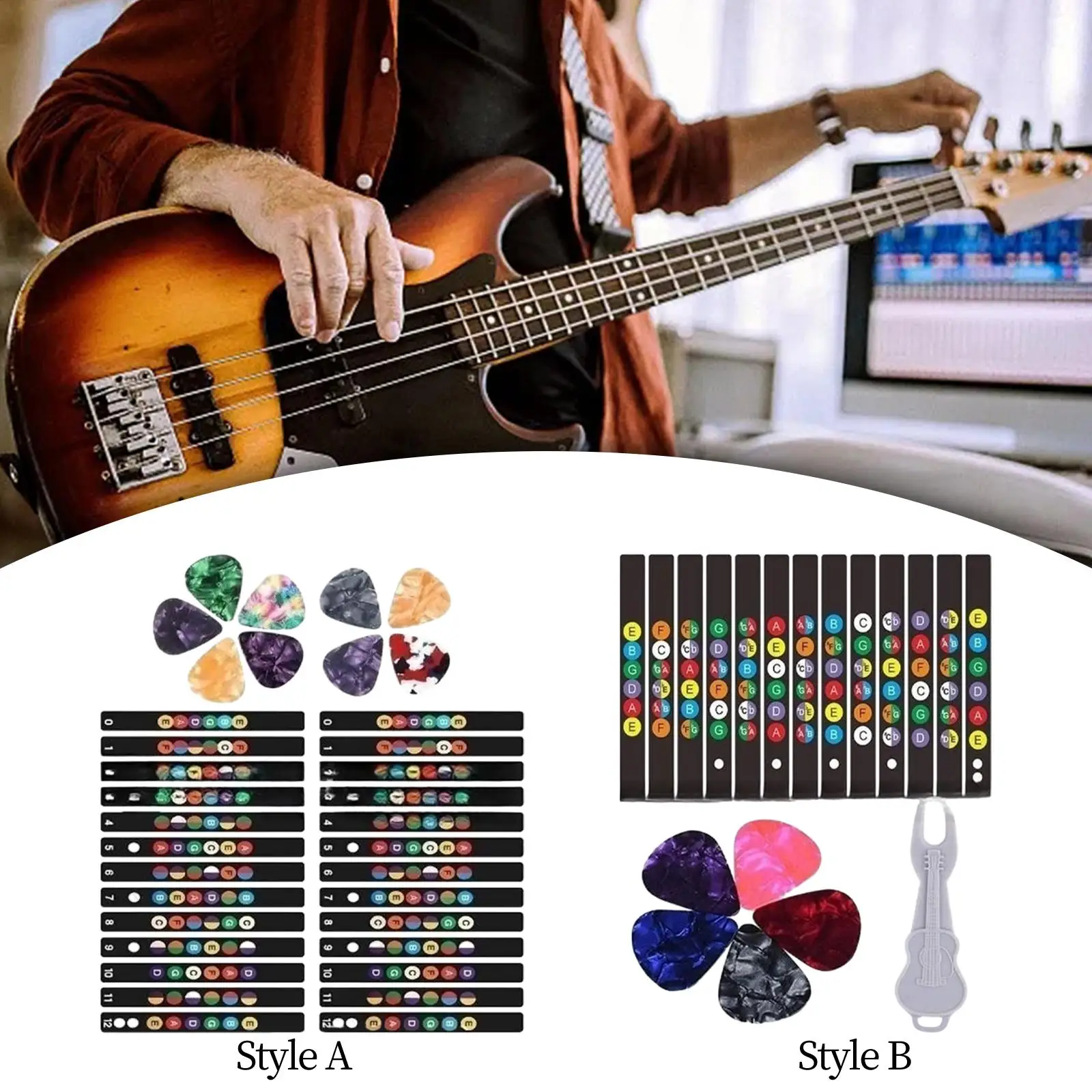 Color Code Note Decals, Guitar Fingerboard Stickers and Picks, Fingerboard Note Stickers for Beginner Learner Practice