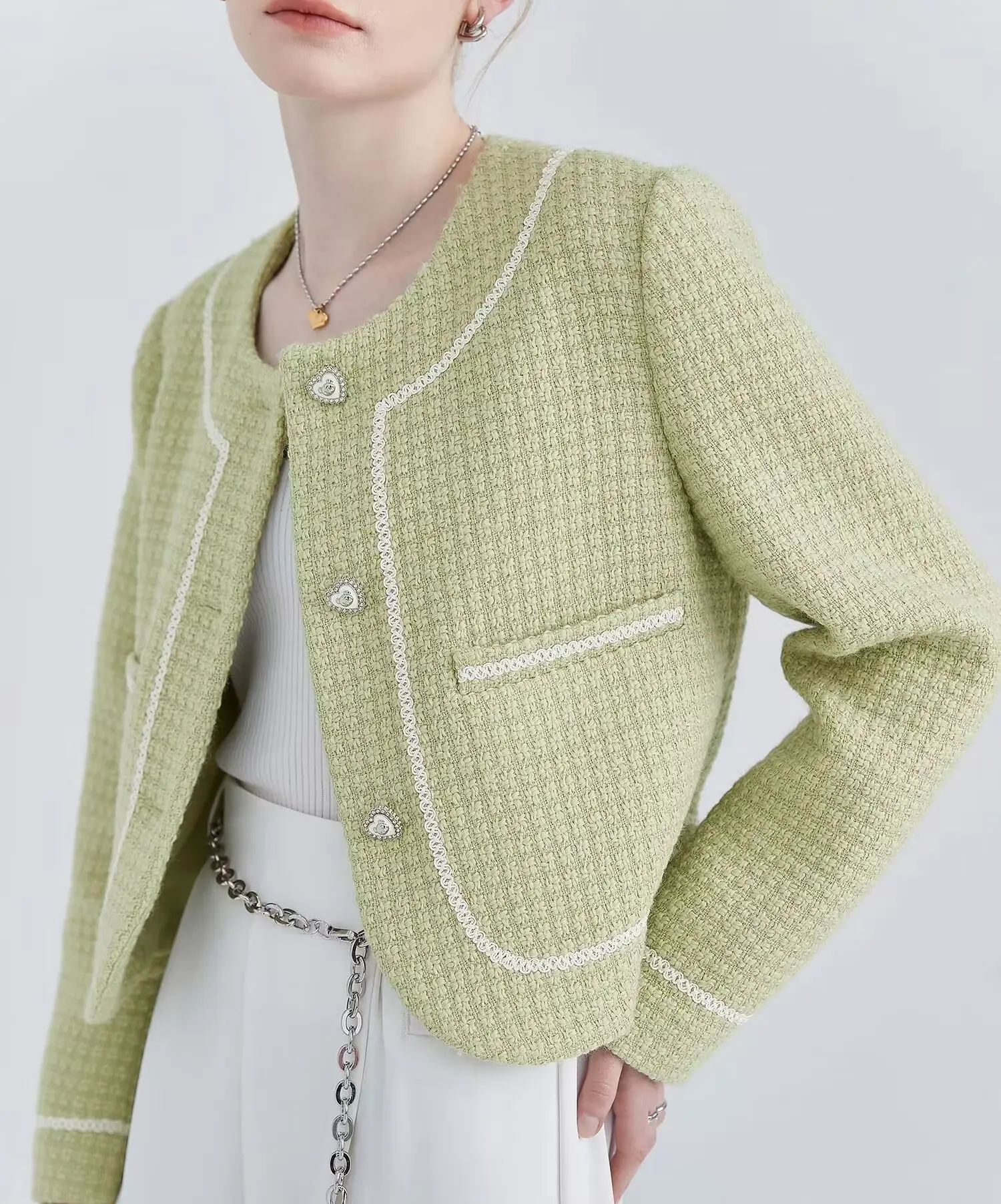 Jaqueta curta de Tweed xadrez feminina, jaqueta chique de tecelagem, casacos glamorosos, blusa de manga longa de luxo, moda feminina, primavera, 2023