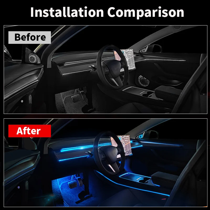 Para Tesla Model 3 Y Luzes Ambientais LED Tiras Neon Iluminação Car Center Console Painel Pé APP Controle Interior Acessórios