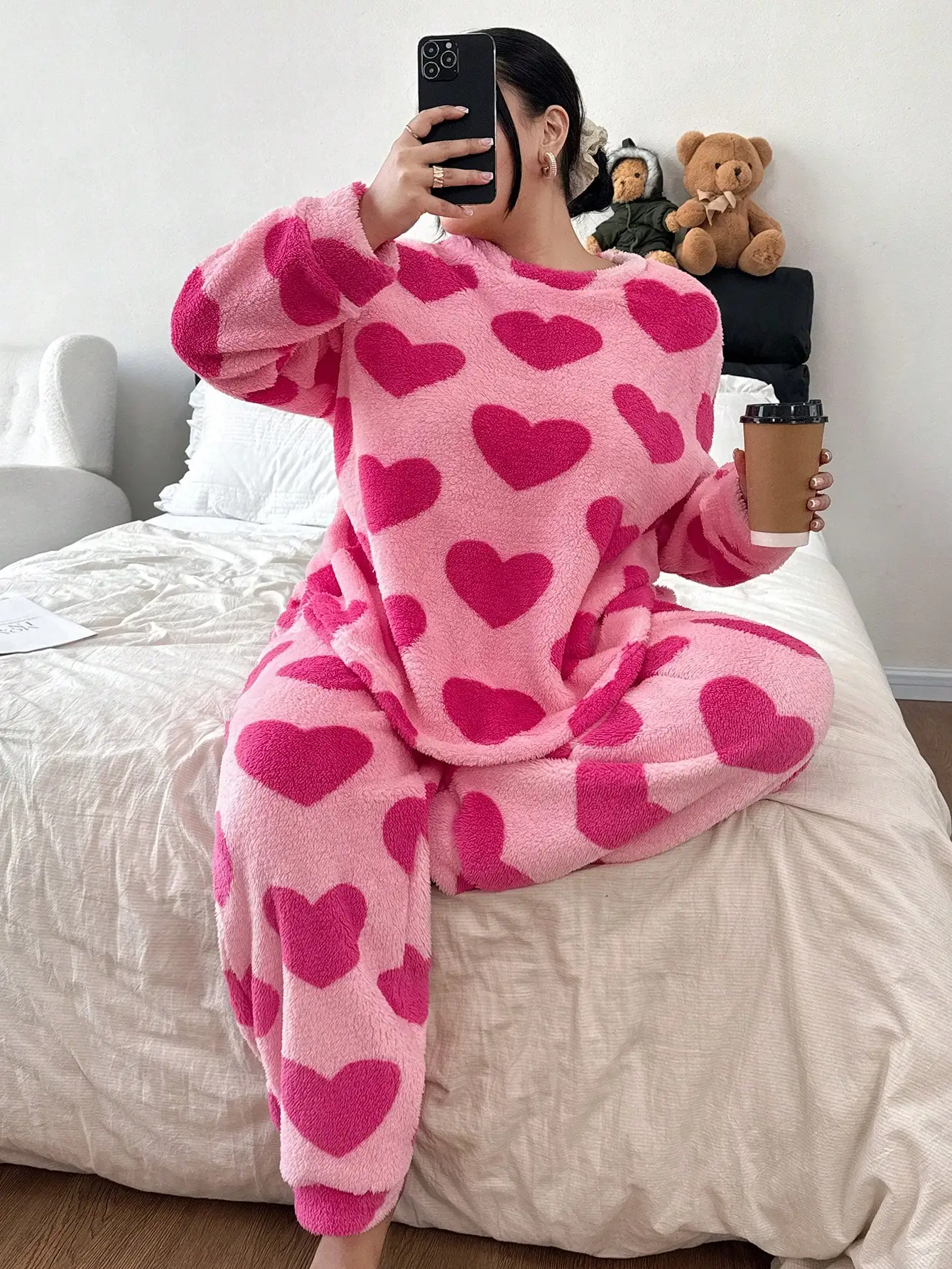 

Розовый флисовый пижамный комплект с принтом в виде сердечек, больших размеров, с длинными рукавами, для женщин, зимняя комфортная одежда для сна