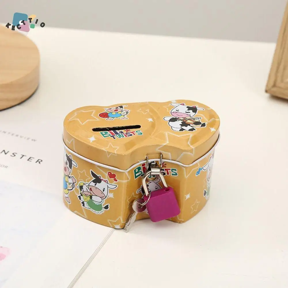 With Lock and Key Tinplate Piggy Bank Cartoon Print Design High Capacity Coin Savings Box Iron Art Cute Kids Storage Jar