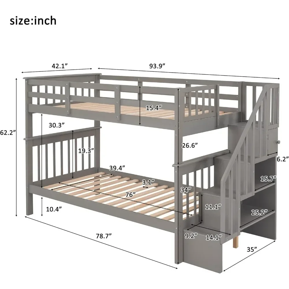 Twin Bunk Bed ,with Stairs, with Storage and Guard Rail for Bedroom, Dorm, for Kids, Teens, Adults ,Solid Wood Bunk Bed Frame