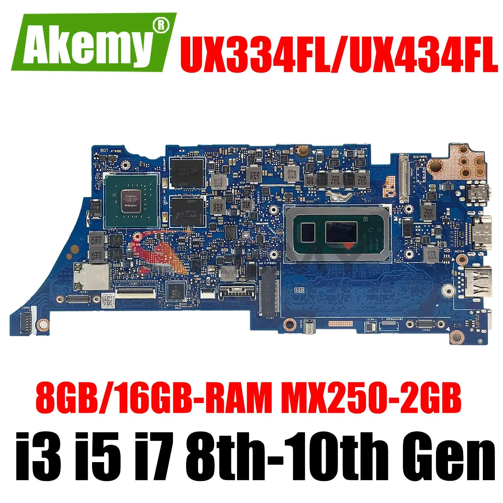 

For Asus UX334FL UX334FLC UX434FL UX334FA UX434FA UX463FL U4600F Laptop Motherboard I3-I5-I7-8th/10th Gen 8G/16G-RAM MX150/MX250