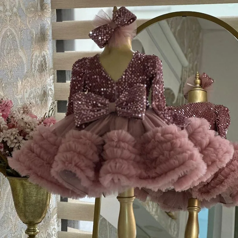 Girls Long Sleeve Sequin Princess Dress Cake Tutu Gown for 1st Birthday Party & Hosting, Sparkling Celebration Flower Girl Dress