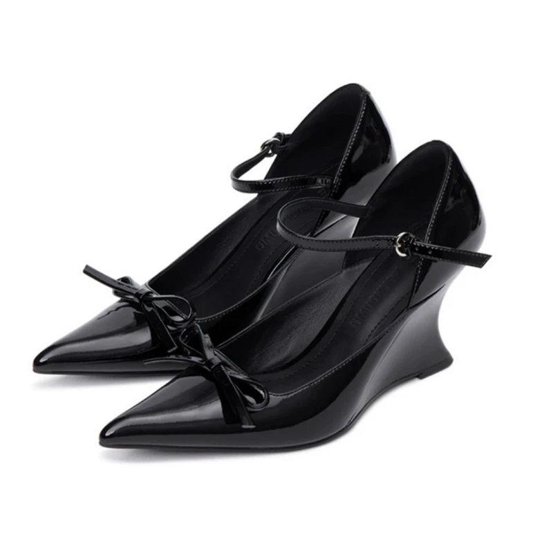 Spring new pointed toe cap shallow mouth patent leather bow Mary Zhenpo single order shoes banquet dress high heels women's shoe