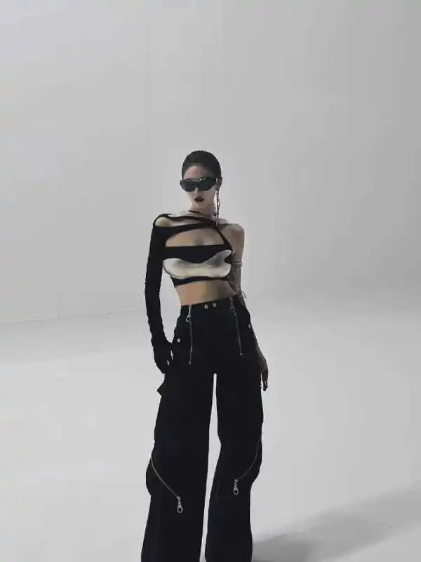 Girl Group Song Server Metal Wind Design Style Hollow Out Machinery Tops Costume Suit Pants Black