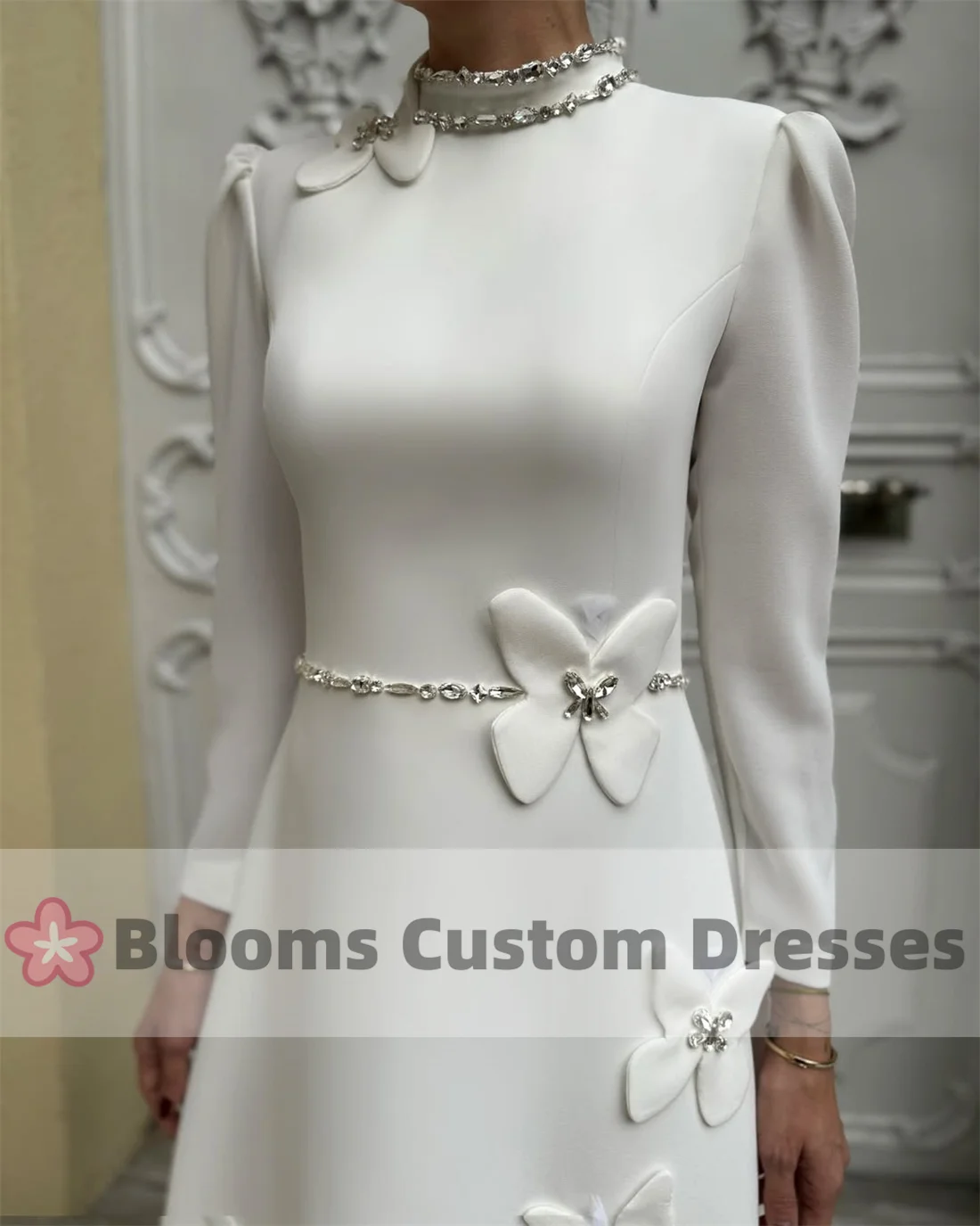 Customized High Collar Crepe Crystal Evening Dresses with Butterfly Applique Formal Long Sleeves A-line Elegant Prom Dress