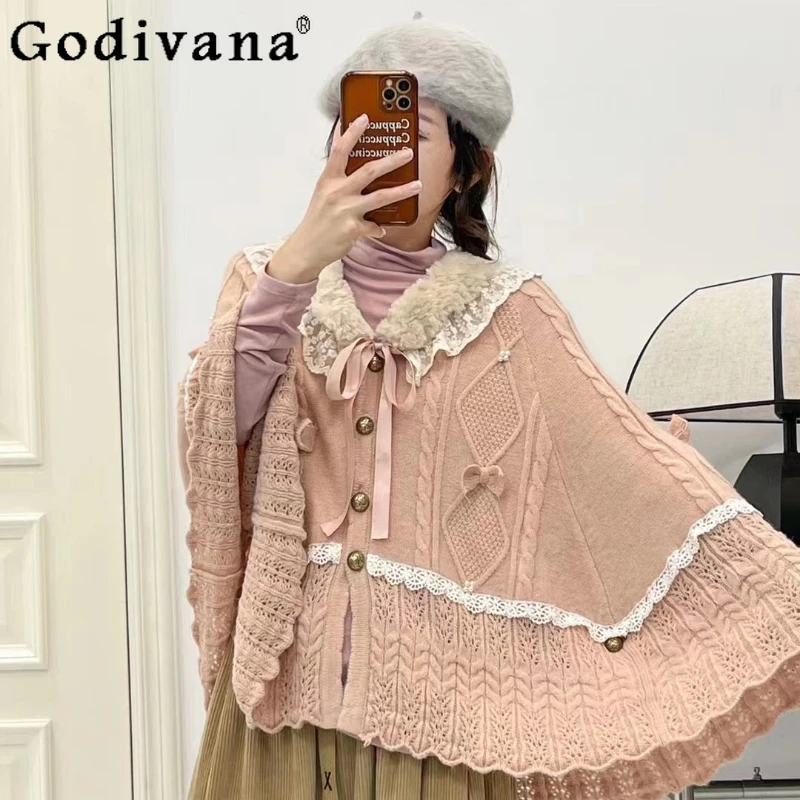 

Japanese Style Sweet Cute Girls Lace Pink Capes Women's Single-breasted Lace-up Elegant Knitted Ponchos Lady Cloak Autumn New