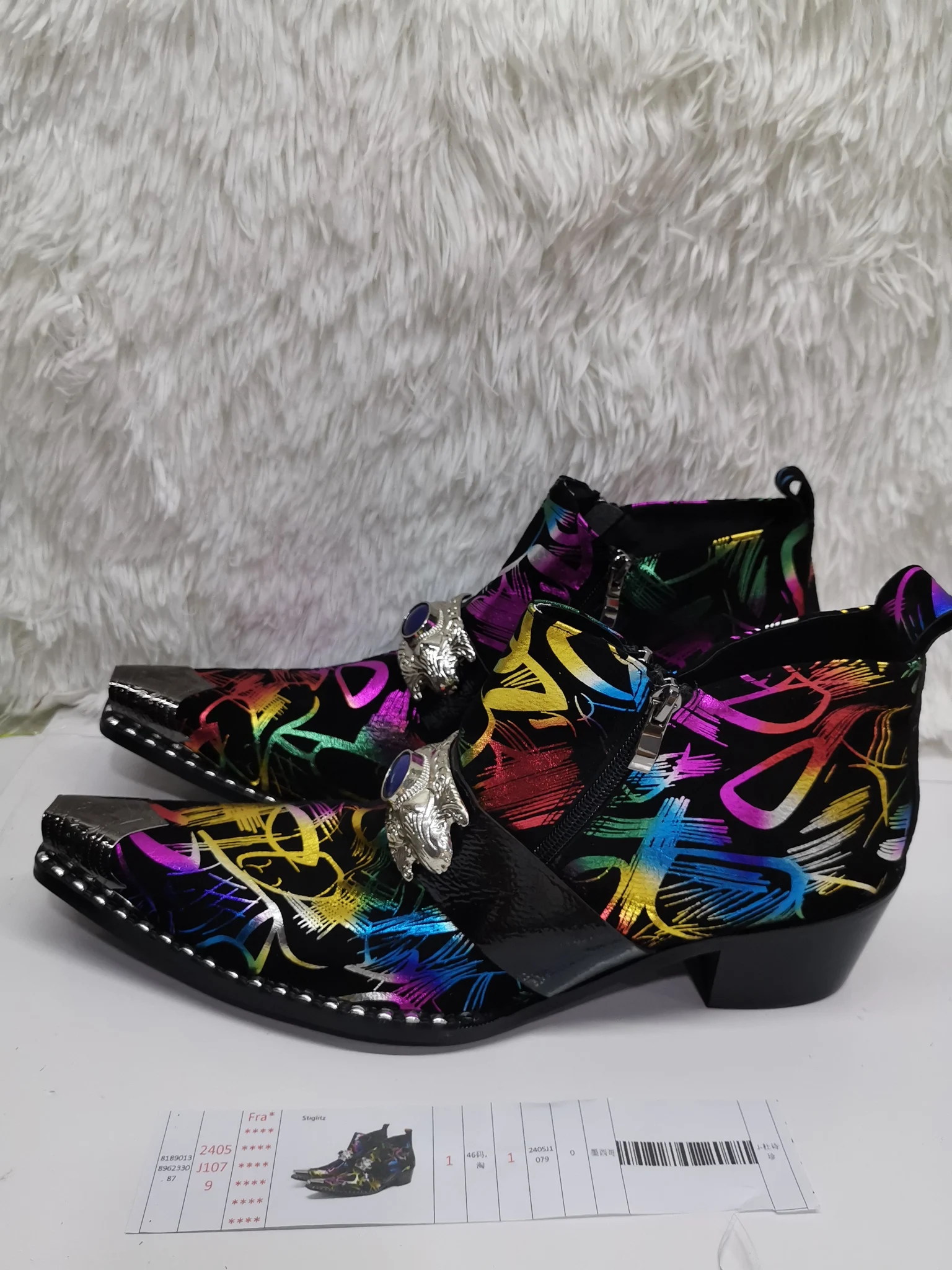 Graffiti Ankle Boots for Men Pearl Metal Decor High Heels Leather Western Men\'s Boots Zip Street Style Man Shoes High Quality