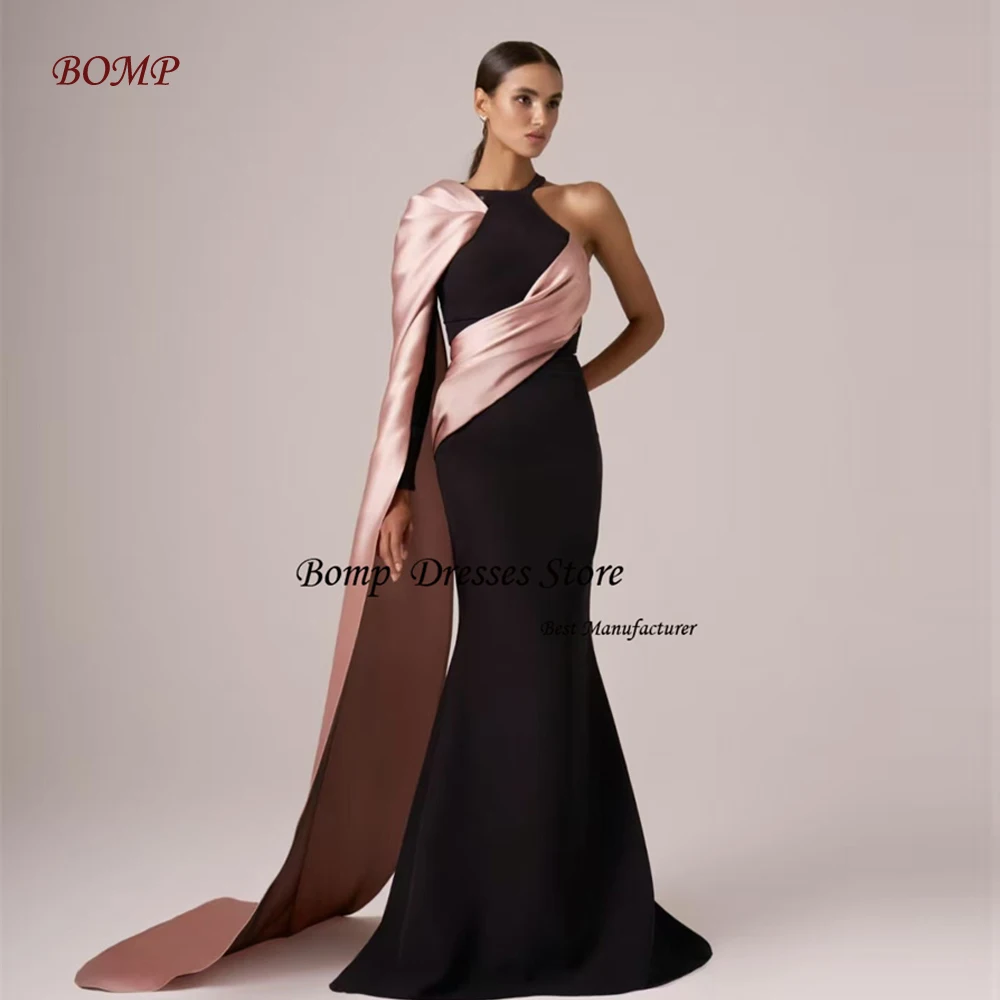 BOMP  Elegant black fishtail evening dress with pink suede shawl  formal occasions Dubai dresswedding photographyparty and ball