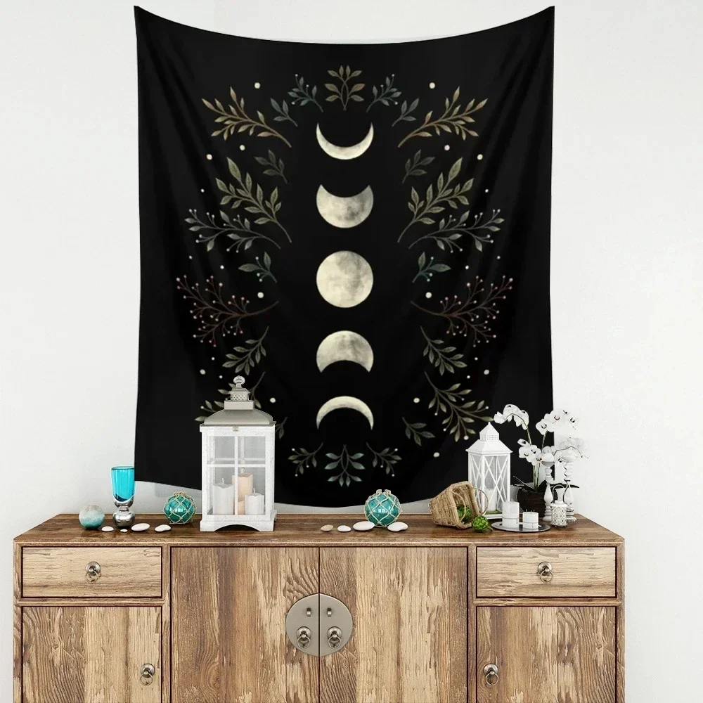 Moon Phase Floral Tapestry Wall Hanging Vintage Moonlight Green Olive Leaf Black Tapestries Boho Room Wall Decor Home Decoration