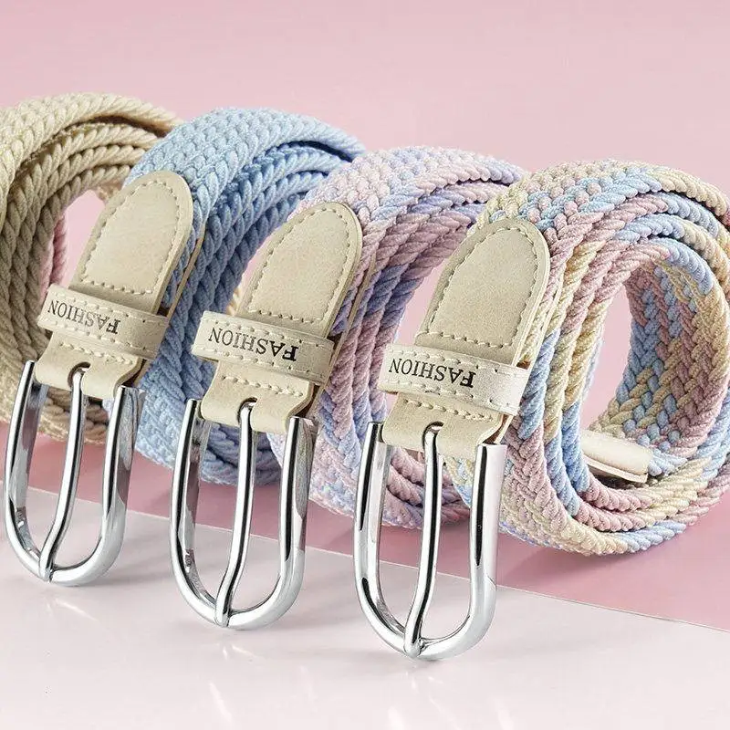 No-Drill Elastic Waist Belt Men's Women's Canvas Woven Belt Student Denim Pants Universal Fit Casual Fashion Accessory
