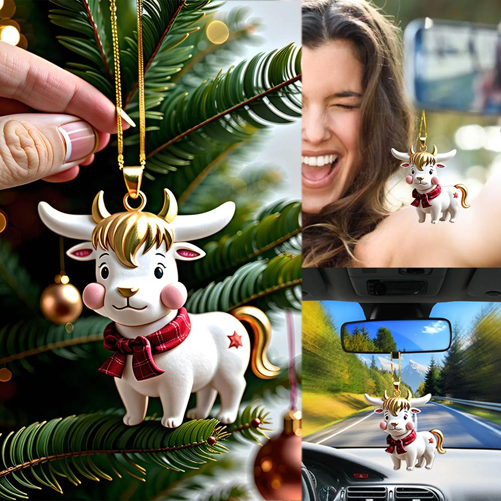 Christmas Tree Decoration Mini Figurine, Miniature Model, Cartoon Cow Ornament, Pendant, Car Backpack, Cute Acrylic Cow Pendant