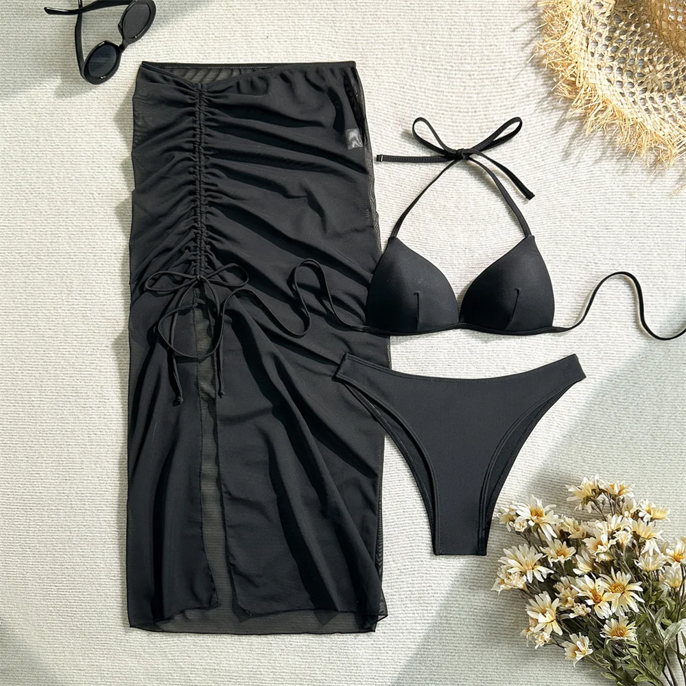 

Sexy Drawstring High Split Beach Skirt Padded Bikini Set Push Up Swimsuit Backless String Swimwear Women Lace-up Vacation Outfit