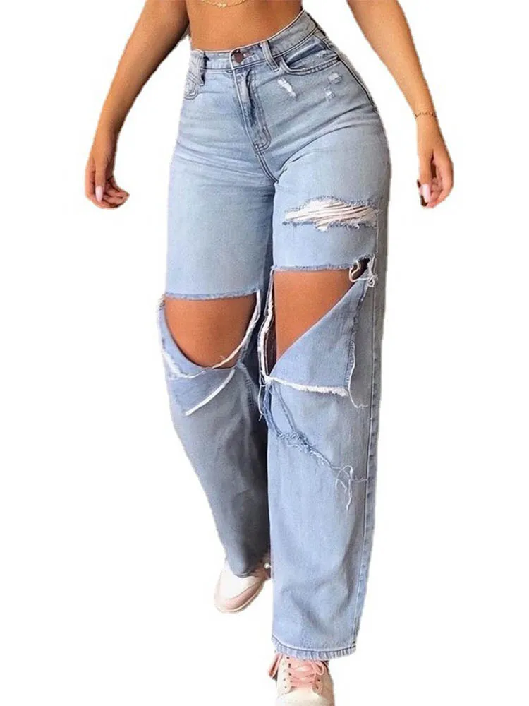 سيدة خمر الشرير فضفاض المعتاد حفرة الدنيم السراويل الشارع الشهير المتعثرة الضوء الأزرق بنطلون المرأة واسعة الساق فضفاض ممزق الجينز #4