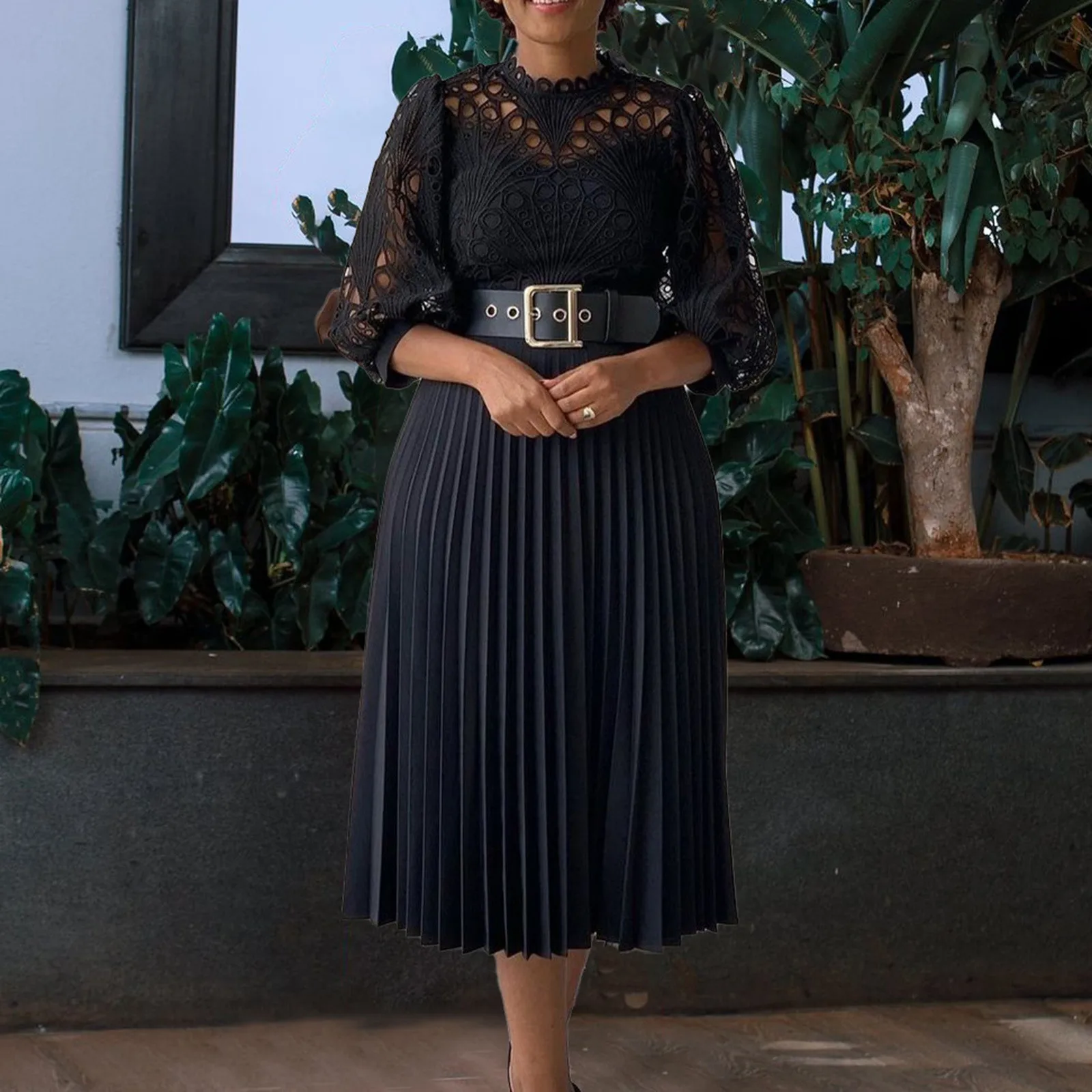 

Elegant Pleated Dresses Spring New Woman 2025 New O Neck Lace Patchwork Belt Waist Mid Calf Luxury Female Birthday Party Dinner