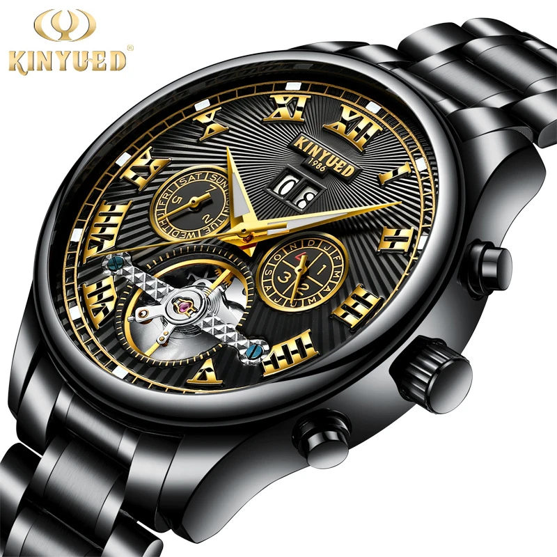 KINYUED Men Mechanical Watch Top Brand Luxury Automatic Tourbillon Watch Stainless Steel Strap 30M Waterproof Date Clock Reloj