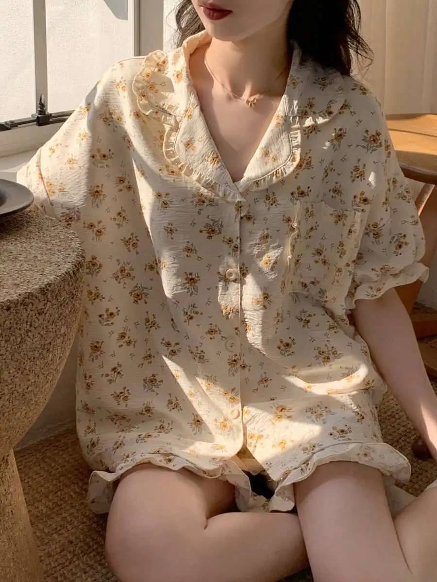 

Womens Floral Print Short Sleeve Pajama Set With Ruffled Collar, Casual Sleepwear For Spring Summer