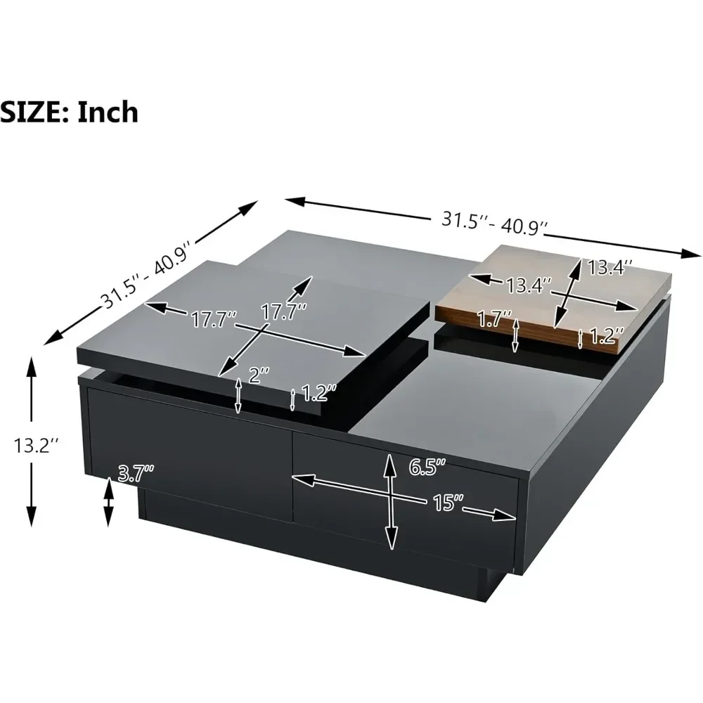 Coffee Table with Drawers, Modern Square, High Gloss Center Table with Storage and Removable Top, Coffee Tables for Living Room