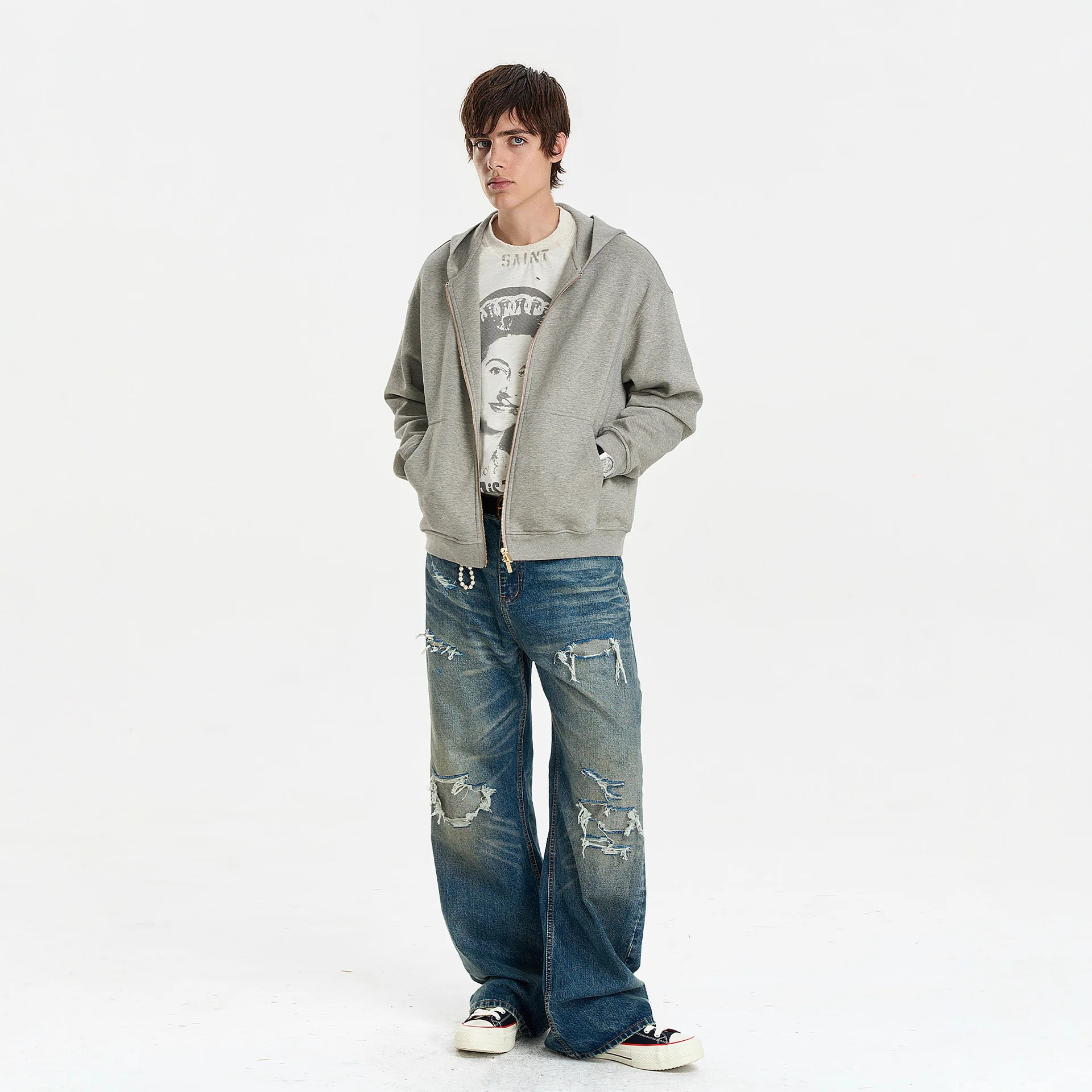 American Style Men Denim Trousers Holes Design Patch Jeans Contrast Color Washed Straight Leg All-match Male Bottom