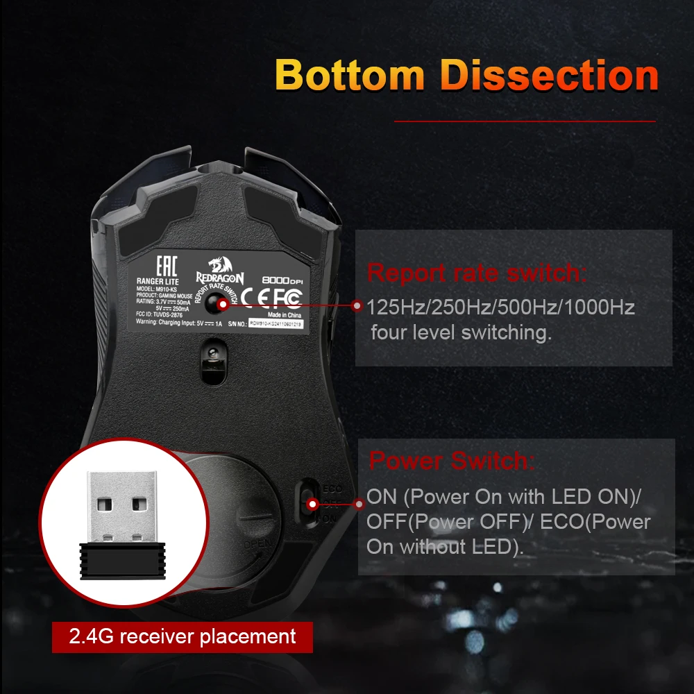 REDRAGON RANGER LITE M910-KS RGB USB 2.4G ماوس ألعاب لاسلكي 8000 ديسيبل متوحد الخواص 10 أزرار قابلة للبرمجة لألعاب الكمبيوتر والفئران والكمبيوتر المحمول