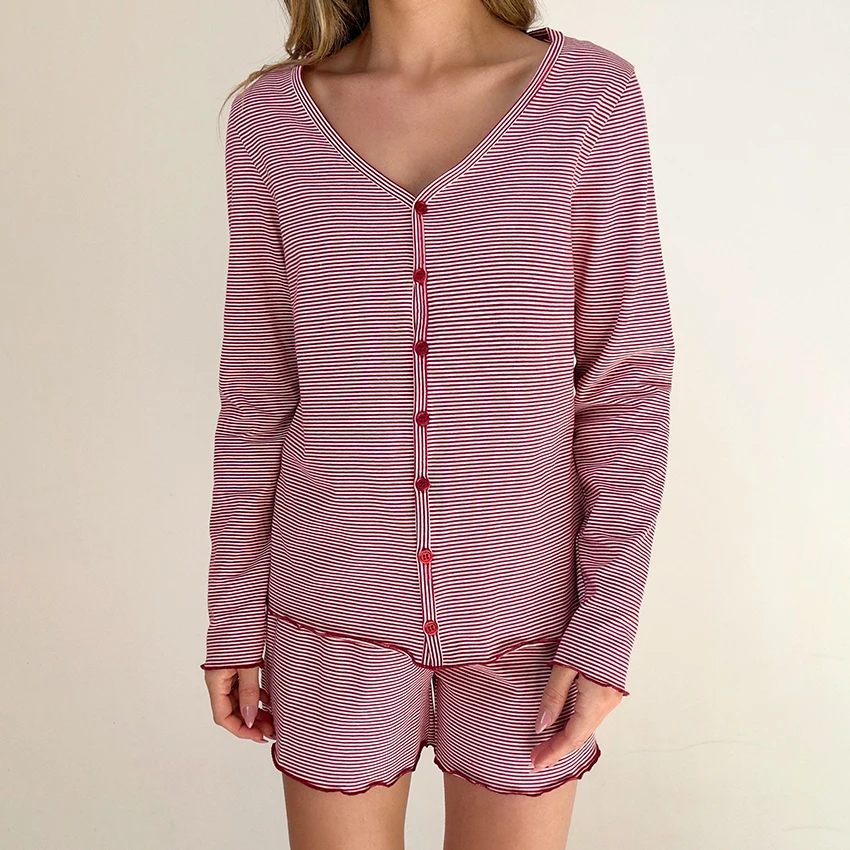

Hiloc Home Stripe Shorts Outfits Pajamas With Single-Breasted Blouse 2 Piece Summer V Neck Top Sleepwear Ruffles Mini Pants Suit