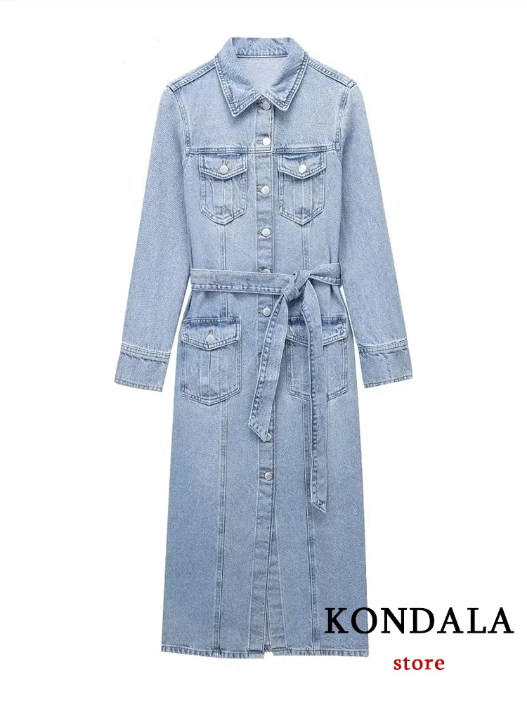 KONDALA Office Lady Women Denim Dress Single Breasted Turn-down Collar Front Split Vestidos Fashion 2023 Autumn Holiday Dress