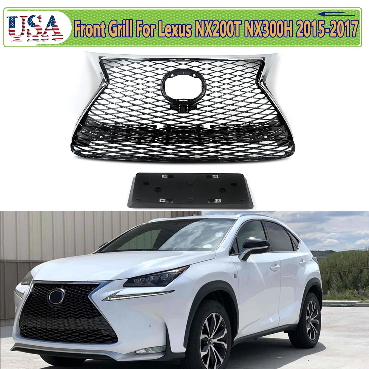 new F Sport Style Front Bumper Grille Fit，2015-2017 Lexus NX200t NX300h Chrome with Black Grills Front Hood Mesh Radiator Grill
