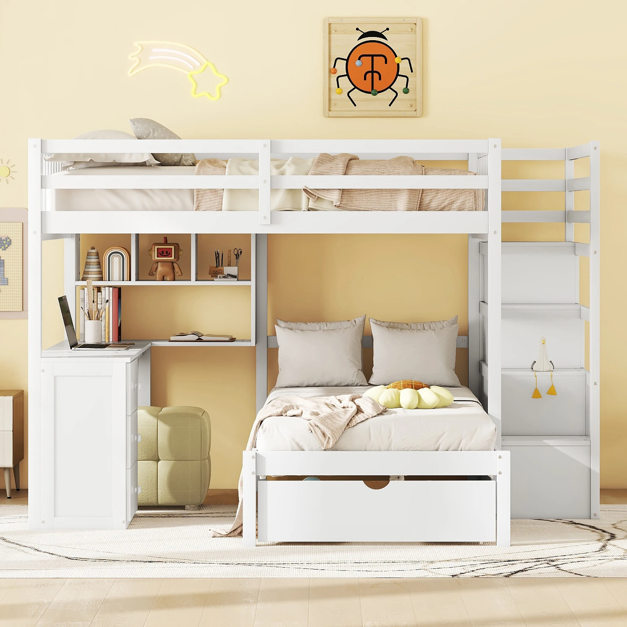 Full Over Twin Bunk Bed with Desk, Drawers, Shelves, White   97.90x80x64.60 in.