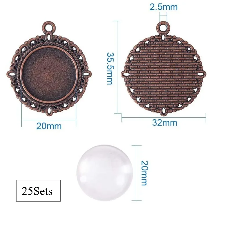 50pcs 20mm Pendant Trays 25pcs Photo Charms Flat Round Pendant Bezel 25pcs Glass Cabochon Dome Tiles Clear Cameo for Wedding