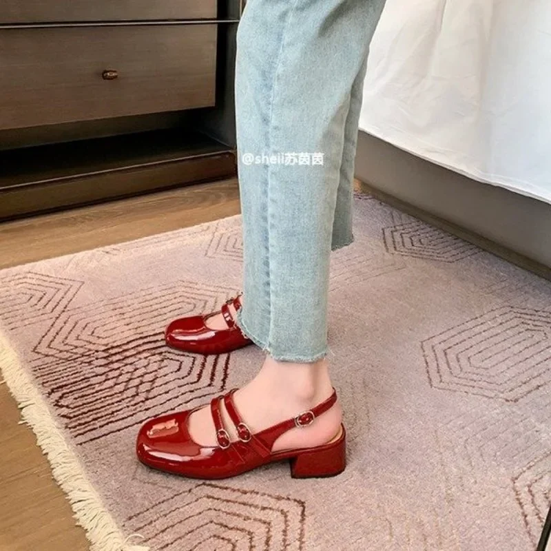 Classic Red Mary Jeans Woman Patent Leather Med-High Heels Sandals Two Buckle Belt Strap Shoes Femme Slingback Lolita Footwear