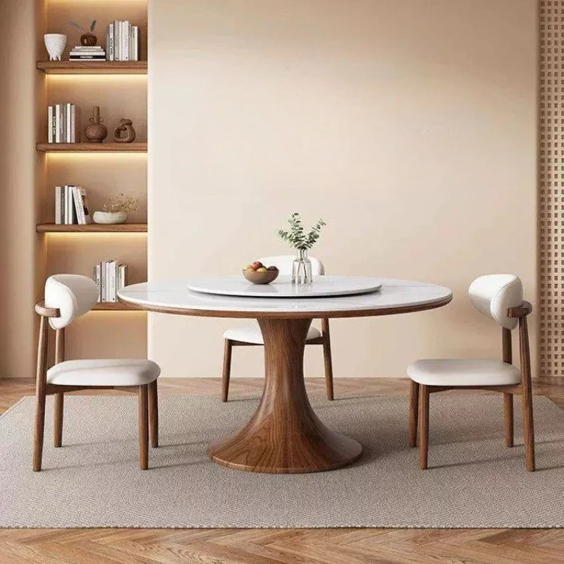 Round Dining Table Modern Simple Dining Table With Turntable High-end Slate Solid Wood Dining Table And Chair Combination