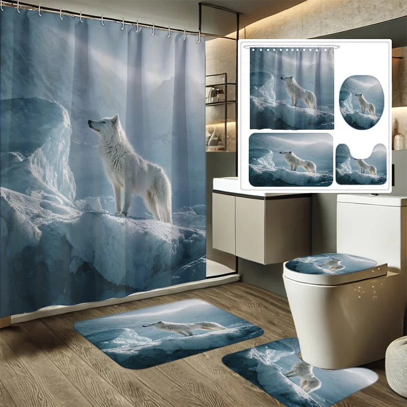 4pcs Snow Lone Wolf Telescopic Printed Shower Curtain Set, Decorative Bathroom Set Includes Shower Curtain, Non-Slip Floor Mat