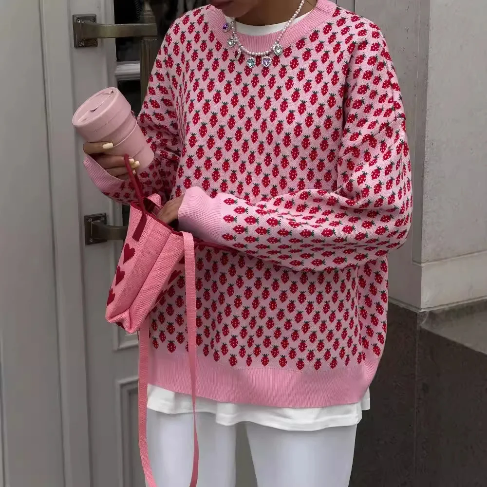 Sweetness Cute Pink Sweater O-neck Knit Pullover Women Clothing Trend Strawberry Jacquard Long Sleeve Jumper Streetwear Tops New