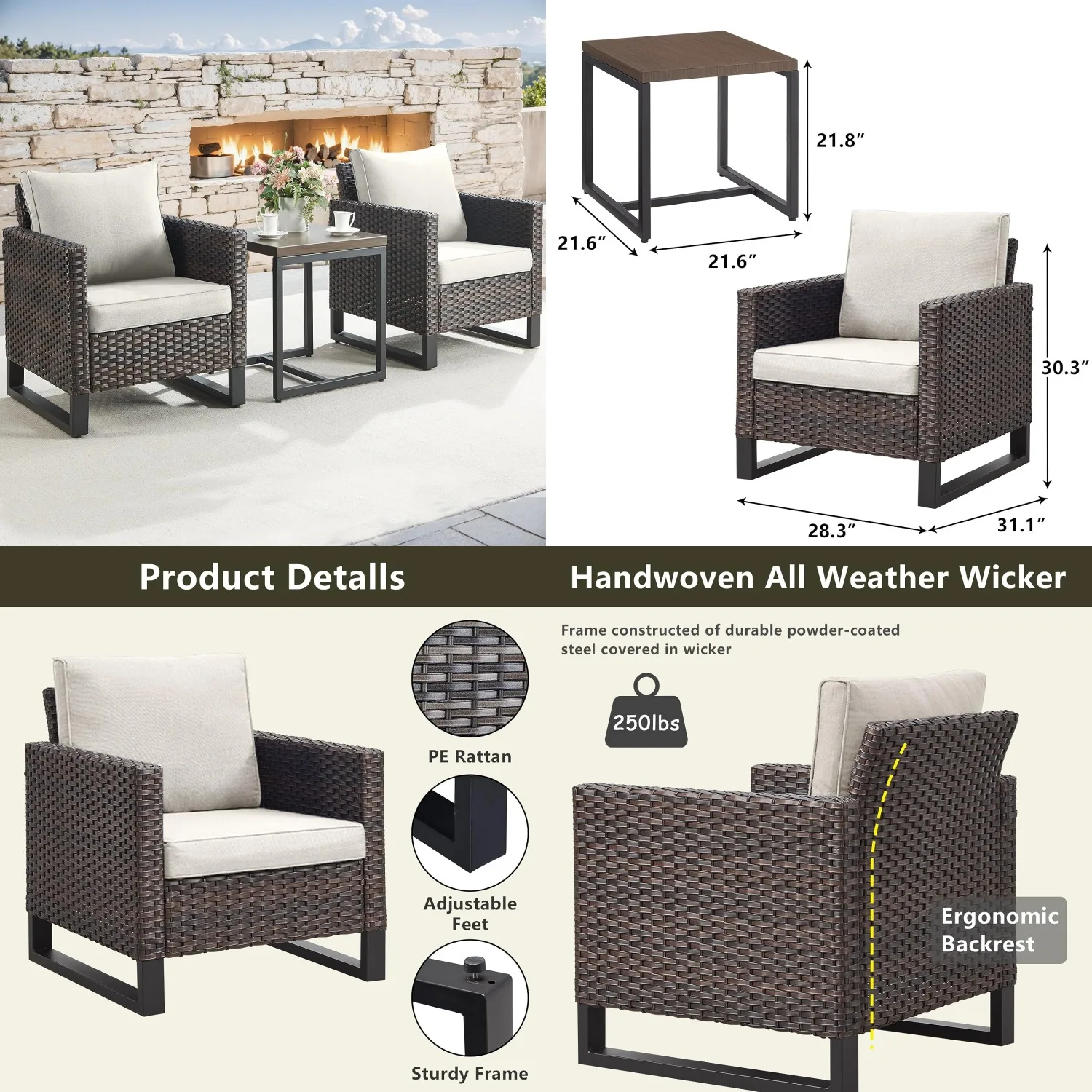 

3 Piece Wicker Patio Bistro Chairs Set Waterproof Cushions Metal Frame Porch Deck Backyard, Customized