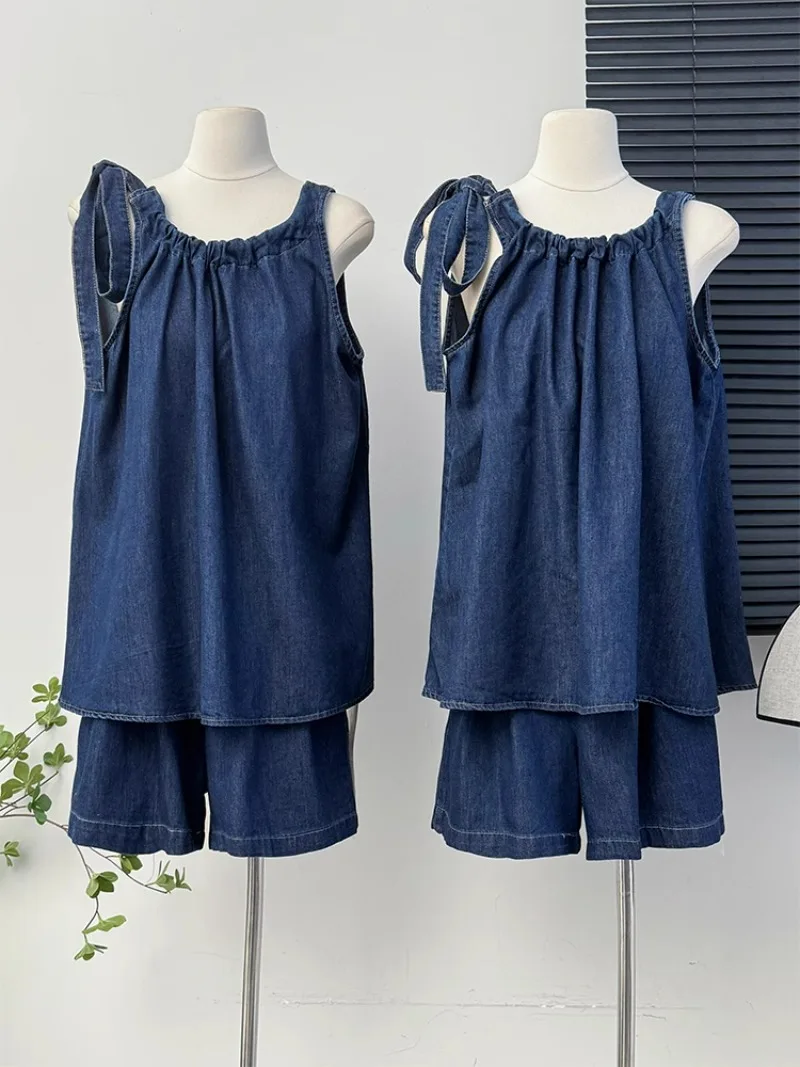 

O Neck Bandage Bowknot Vest Denim Top Shirt Suit+high Waist Wide Leg Loose Shorts Outfits Y2k Vintage Summer Set Women 2 Pieces