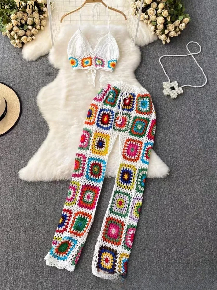 Women Knitted Beach Two Piece Crochet Sling Top Elastic Waist Pants Set Summer Fashion Minimalist Streetwear Hollow Leisure Set