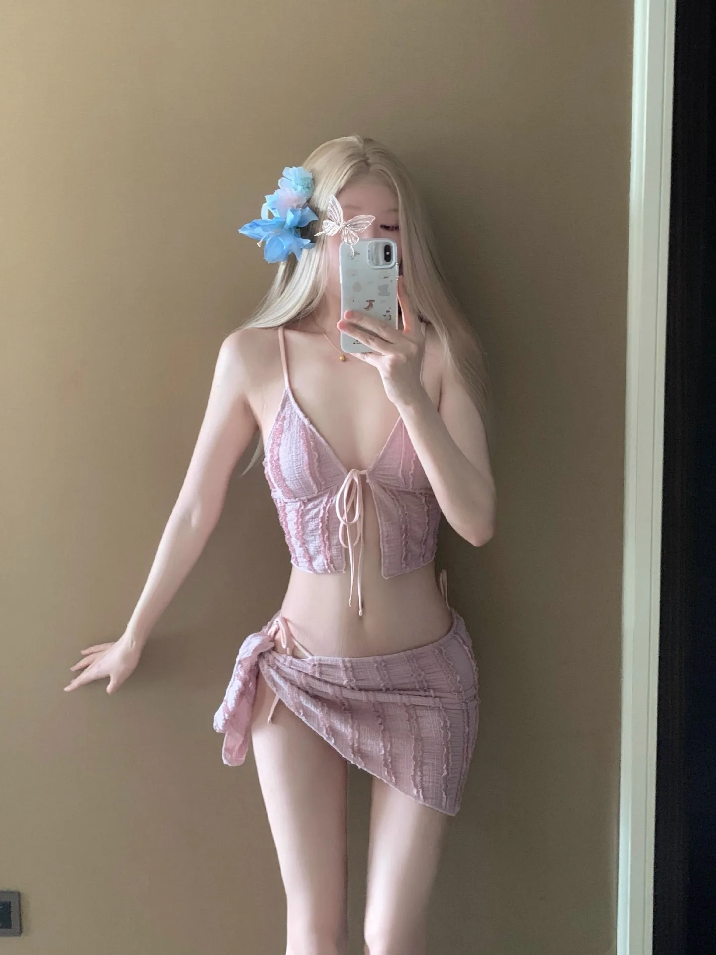 sexy plain ribbed bikinis sets 3pcs swimsuits front tie deep v-neck vest with cover skirt swimwear beach outfits sweet biquini