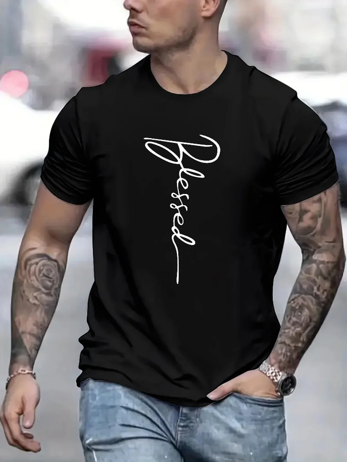 

Men's 100% cotton summer loose fit oversized Blessed printed slim fit casual sports round neck short sleeved T-shirt top