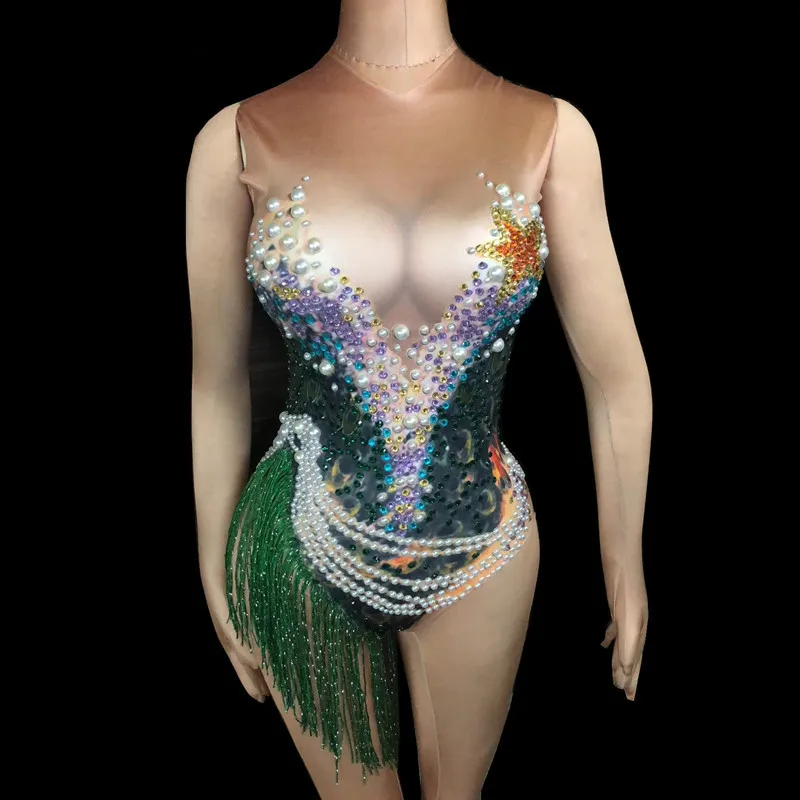 

Sparkly Crystals Beaded Fringes Bodysuit Sleeveless Leotard Nightclub DJ Lady Singer Dance Wear Party Performance Show Costume