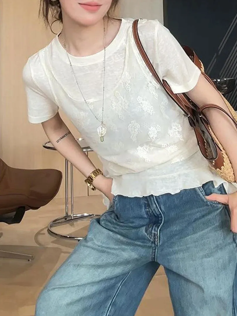 Korean Style Lace Splice Short Sleeve T-Shirt Women Summer Sweet Atmosphere Slimming Pleated Irregular Top Commute Style